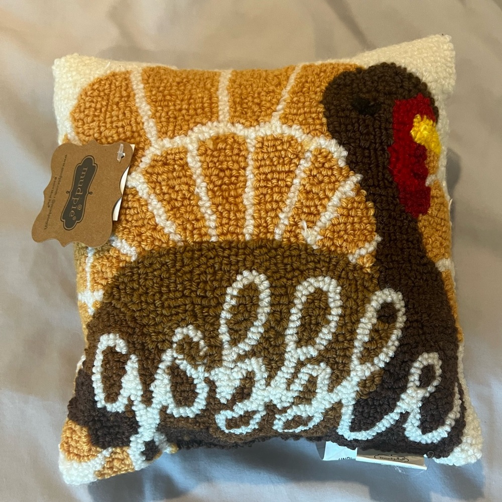 Mud Pie Gobble Turkey Pillow - Brown, Cream, and Red
